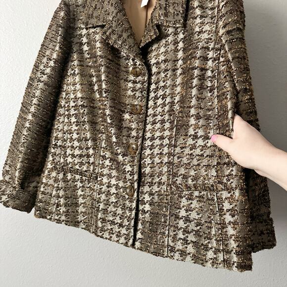 Chico’s Size 2 Olive Green Metallic Gold Tweed Button Blazer women’s size large - Picture 4 of 14